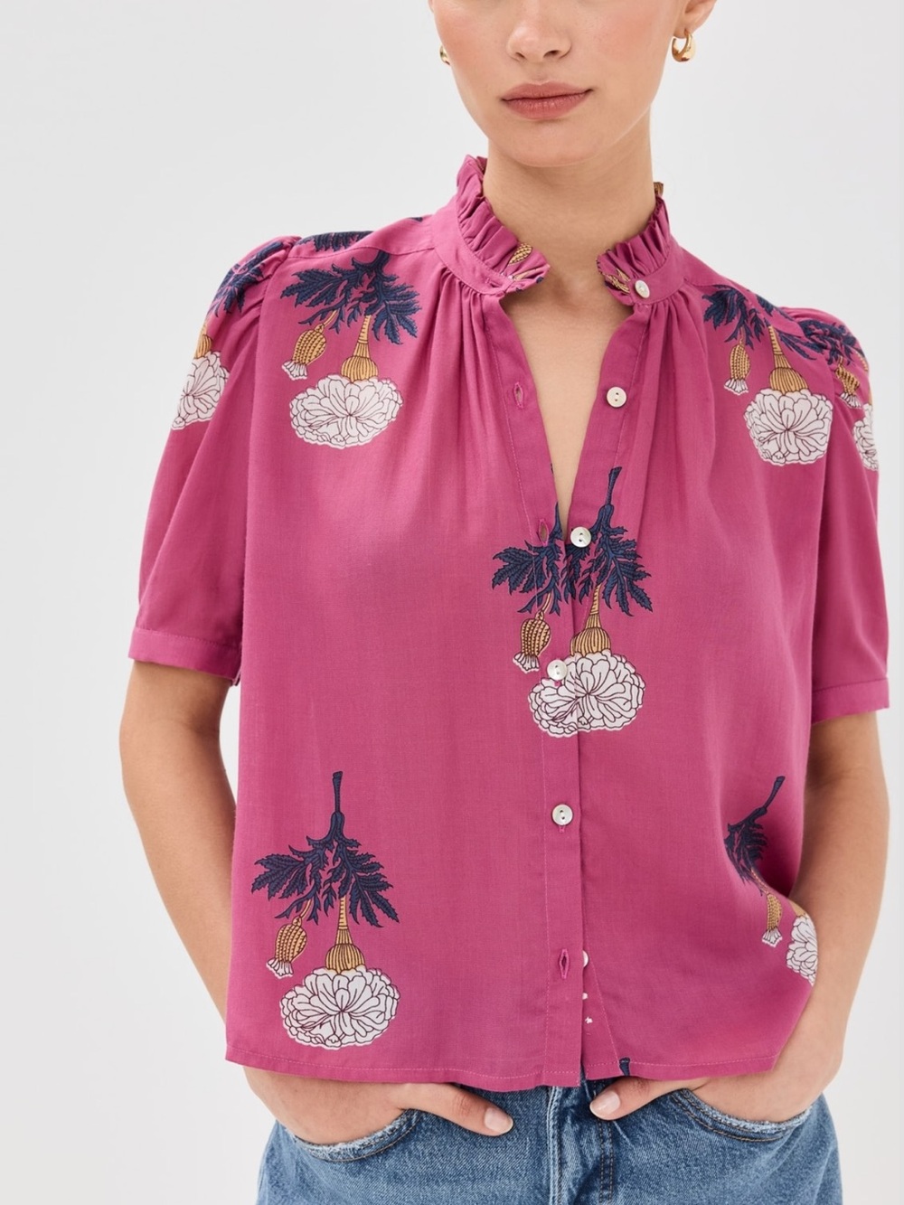 Alix of Bohemia blouse fuchsia hibiscus rose floral print w ruffled collar
